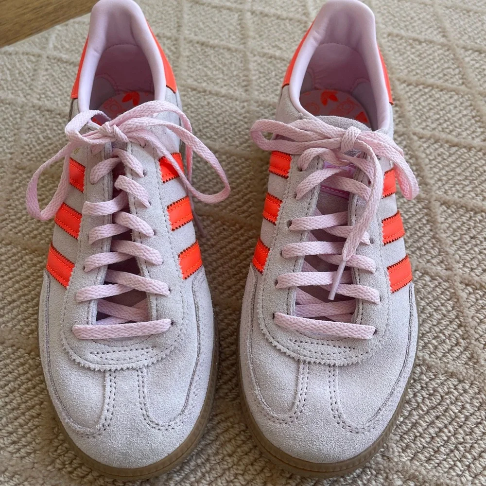 Adidas Spezial Suede Sneakers in Light Pink with Neon Orange Stripes - Picture 2 of 6